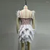 Party Dresses Luxury Pearls Rhinestone Pärled Prom Women White Feathers Patchwork Mini Dress Birthday