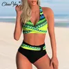 Mulheres de banho de cintura alta cor impressão biquíni feminino sexy duas peças maiô solto verão beachwear fatos de banho 5xl 2024