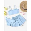 Hot Selling Girls Frill Trim Solid Bathing Suit Bikini 3 Pieces Swimwear with Tie Front Shorts