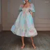 Robes de soirée 5 couleurs été femmes bleu ciel cravate teinture robe de princesse col carré manches bouffantes Organza longue robe de vacances