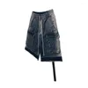 Jeans masculinos high street vintage hip hop curto streetwear retro carga denim shorts com bolsos lavados cintura elástica