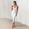 Casual Kleider HQBORY 2024 Frauen Sexy V-ausschnitt Midi Länge Verband Kleid Weiß Doppel Spaghetti Strap Elegante Party Club Bodycon