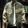 ctrasting Color Jacket Men's Embroidered Suede Baseball Coat Stylish Single Breasted Jacket with Side Pockets Stand Collar w4ER#