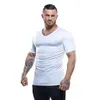 new Fi V-Neck Plain Tees Shirt Fitn Mens T Shirt Short Sleeve Muscle Bodybuilding T-shirt Male Gym Clothes Slim Fit Tops p7Xp#