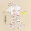 Set di abbigliamento Completi estivi per neonata Stampa di lettere Pagliaccetti a maniche corte Pantaloni svasati gallina Fascia per capelli Set di vestiti da 3 pezzi