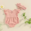 Clothing Sets 0-18M Infant Girls Romper Flower Embroidery Flying Sleeve Round Neck Jumpsuit With Bow Headband 2pcs Set Born Clothes