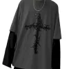 men's T-shirt Cross of Thorns Gothic T Shirt for Men Lg-sleeved Dark Hip-hop Tee Loose Oversize T-shirt Autumn Men Top T-shirt m3XW#