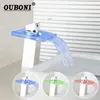 Bathroom Sink Faucets Glass Chrome Polished LED Light Waterfall Tall 3 Colors Square Deck Mounted Basin Faucet Mixer Taps