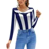 Women's T Shirts Classic Navy Blue and White Large Vertical Cabana Tält Rand Ruffle Kort ärm T-shirt Tryck Fashion Casual