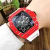 Red Richa M – montre mécanique automatique pour hommes, en Fiber de carbone, bande ajourée personnalisée, lumineuse, tendance