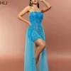 Casual Kleider HLJ Blau Mode Pailletten Mesh Spleißen Party Club Mini Frauen Geraffte Ärmel Bodycon Rohr Kleid Sexy Backless Vestidos