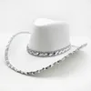 Berets 1Pcs Fashion Western Cowboy Hats With Silver Color Trim For Women Girls Sun Protect Caps Wedding Party Unisex Wide Brim