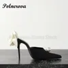 Black Satin High Heels Slippers Spring and Summer Pearl Stiletto Party White Rose Sandals 240320