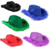 Baskenmütze, Party-Cowboyhut für Damen, Cowgirl mit rosa Federboa, flauschiger Krempe, Erwachsenengröße, Spielkostüm