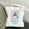 أكياس التسوق Women Shopper Bag Life Blue مطبوعة Kawaii Harajuku Canvas Girl حقيبة يد حقيبة كتف كتف