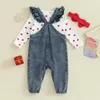 Kledingsets Pudcoco Baby Girl Valentijnsdag Kleding Hartafdruk Lange mouw Romper met beren borduurwerk denim overalls broek hoofdband