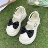 Dress Shoes Black Bowtie Platform Mary Janes Women 2024 Spring Heart Buckle Low Heels Pumps Woman Patent Leather White Lolita