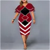 Robes de grande taille Femmes Moulante Élégante Imprimé Géométrique Robe De Soirée En Couches À Manches Cloche Casual Club Tenues Drop Livraison Ap Dhxrz