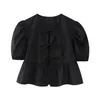 Summer Lace Up Bow Tied Women Shirt Casual Oneck Puff Sleeve Ruffles White Blouse Female Black Tops Sweet Lady 240326