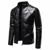 Giacca da motociclista in pelle da uomo primavera autunno Fi Slim Fit Colletto alla coreana Tinta unita nera antivento Cappotto da motociclista H1MO #