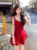 Abiti casual Rosso sexy estetico Abito intero da donna Dolce cinturino vintage anche da festa femminile in stile coreano Moda spiaggia 2024