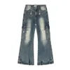 Jeans pour hommes Zipper Coton Coréen Lâche High Street Casual Droite 2024 Printemps Mode Rétro Plusieurs Poches Devise