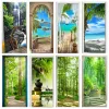 Stickers Groen Bos Brug Zelfklevend Deurbehang 3D PVC Home Decor Sticker Strand Zon Landschap Poster Muurschildering Muurtattoo deursticker