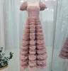 Festklänningar lyxig högkvalitativ prinsessa rosa lila tårta kvinnor ruched ruffles smal bollklänning lång klänning