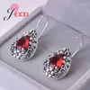 Dangle Brincos Vintage Thai Silver Drop para Mulheres Brilhante Água Vermelha Zircão Oco Esculpido Flor Retro Jóias