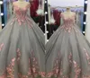 2019 Real Images Pink Quinceanera Dresses Floral Lace Appliques Gray Tulle Ball Gowns Prom Dresses Sweet 15 Tiered Skirts Ball Gow6520813