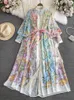 Podstawowe sukienki swobodne 2024 Fashion Bohemain Flower Maxi Sukienka Women Stand Long Lantern Sleeve Single Beded Floral Print Lace Up Loo OTPF8