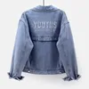 Spring Autumn Washed Denim Short Jacket Women Letter Embroidery Pocket Jean Outerwear Lady Loose Casual Tops Student Coats 240320