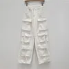 Damskie dżinsy Firmranch Multi-Pockets workowate białe spodnie kobiety niebieskie chłopak spadochronowe dżinsowe spodnie niski wzrost