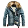 Winter Heren Denim Jas met Bontkraag Retro Gescheurde Fleece Jeans Jas en Jas voor Herfst Winter S-6XL V8S4 #