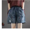 Frauen Shorts Blumendruck Sommer Taschen Jeans Dünne Pantalones Elastische Hohe Taille Losse Frauen Denim Hosen Casual 2024 F149