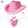 Bérets Chapeau de cowboy rose Western Cowgirl avec bandana plume strass Costume de vacances Panama Fedora Party C1A6