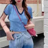 T-shirts Femmes B36D Femmes Summer Knit Pull Top Manches courtes Col V Boutons Chemise Blouses Casual Creux Sexy Crop Streetwears