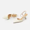 Dress Shoes Genuine Cow Leather Ladies High Heel Women Pump Summer Apricot Beige Yellow Piont Toe Buckle Thin Closed Back Band