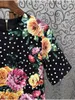 Festklänningar est mode sommarklänning 2024 högkvalitativa kläder kvinnor o-hals polka dot tryck blomma mönster kort ärm svart
