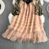 Basic Casual Dresses 2023 Summer Round Neck Lace Stitching Mesh A-Line Dress High Waist Puff Sleeve Vestidos Elegant Mid-Length Ladies Otq6I