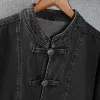 Gmiixder Primavera Uomo Camicia di jeans oversize Solido Grigio scuro Lg maniche lunghe Colletto alla coreana Camicetta Wed Retro Giacca con fibbia cinese 23e2 #