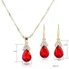 Halsband örhängen set kvinnor mode eleganta 3 st/set ruby ​​bröllop pärla kristall brud smycken festtillbehör