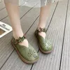 187 Walking Shoes Elegant Green Ballet Flats with Ankle Strap Women's Cut Out Loafers Girl Summer Breathable Mary Jane Woman Wide Toe Loafer 88867