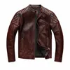 Veste de moto en cuir de vachette de couche supérieure rétro, costume de cyclisme en cuir marron rougeâtre pour hommes, manteau court mince p2uh #