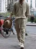 Fatos masculinos casual simples decote em v meia manga solta camisa cordão calças 2 pçs conjunto outono lazer sólido streetwear outfit para 2024