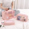 Borse portaoggetti Borsa da trucco trasparente in tre pezzi Pu trasparente Borsa da bagno in PVC di grande capacità traslucida opaca portatile femmina