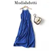 Casual Dresses Modishdutti Högkvalitativ 2024 Summer Women Fashion Sleeveless Linen Halter Straps Kvinnlig rygglös Midi -klänning