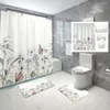 Rideaux de douche Rose Fleur Arbre Plante Rideau Ensemble Style Chinois Art Tissu Décoration De Salle De Bain