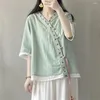 Ubrania etniczne 1PCS Style chiński retro koszulka w dekolcie w dekolcie letnia bawełniana lniana ulepszona bluzki hanfu luźne kostiumy krótkie topy kobiet