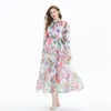 Long Sleeved Floral Silk Resort Maxi Dress Women Designer Elegant Button Cardigan Shirts Dresses Stand Collar Ladies Sashes Casual Beach Party Clothes Frocks